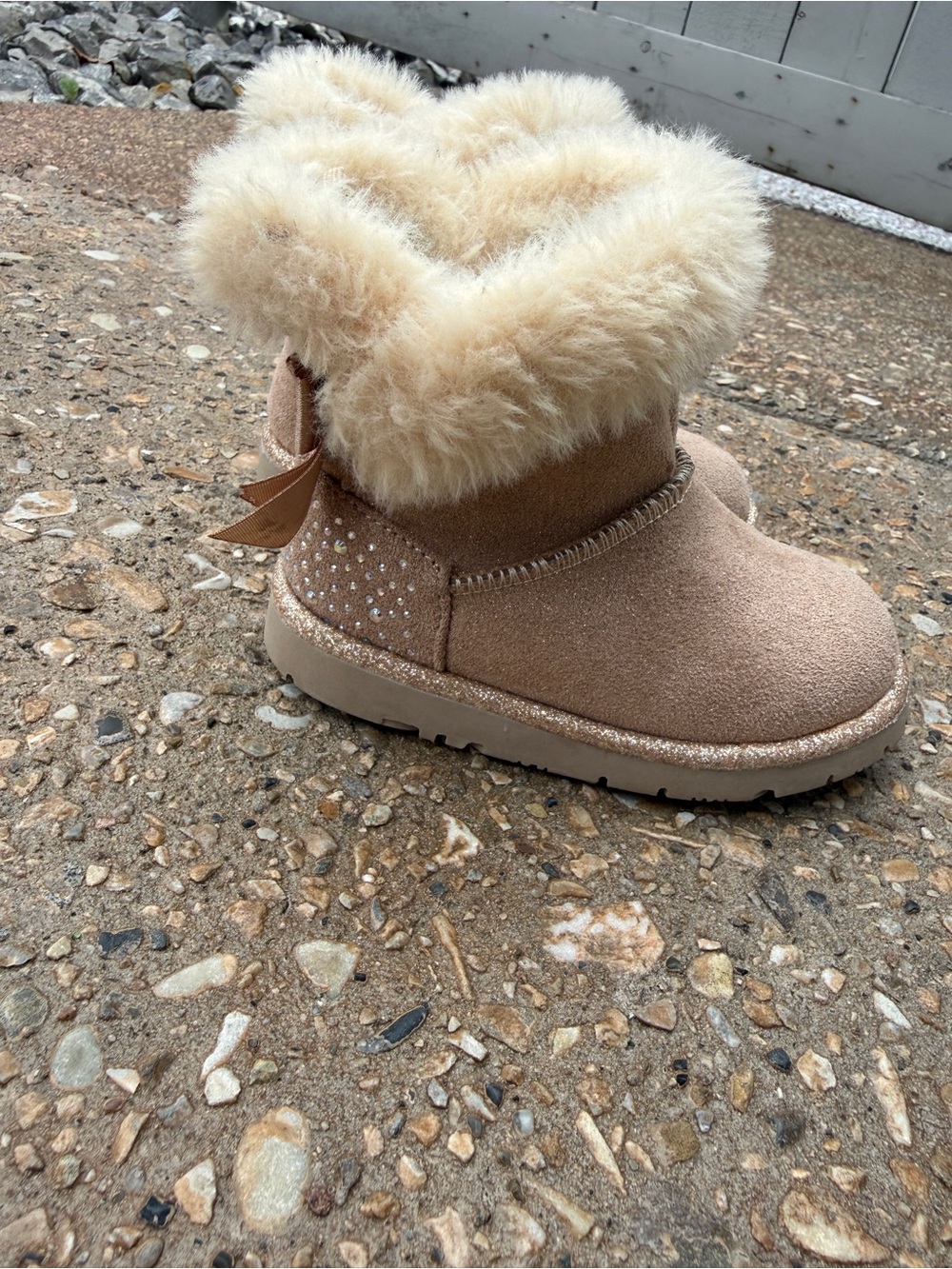 Kids Tan Faux Fur Booties with Bow and Sparkle